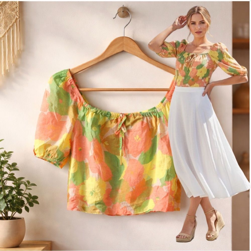 🛍️ SANCTUARY ANTHRO yellow green floral off shoulder cropped top blouse size sm